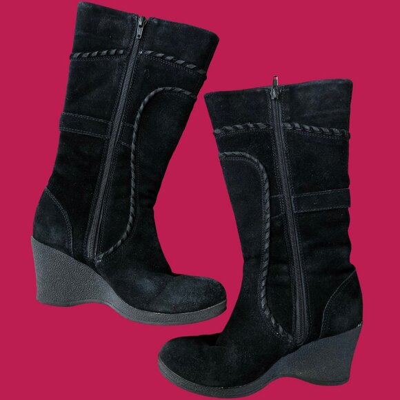 Y2K black Suede Buckle Boots US Size 6 Wedge Heels Mid Calf - Picture 4 of 8